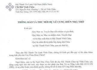 Thư Mời: Lễ Cung Hiến Nhà Thờ Tin Lành Vĩnh Châu – Tỉnh Sóc Trăng