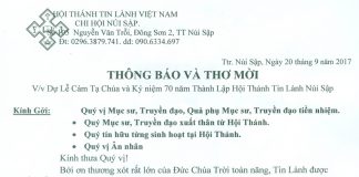 Thông Báo & Thư Mời Lễ Kỷ Niệm 70 Năm Thành Lập HTTL Núi Sập