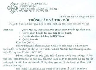 Thông Báo & Thư Mời Lễ Kỷ Niệm 70 Năm Thành Lập HTTL Núi Sập