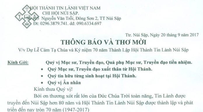 Thông Báo & Thư Mời Lễ Kỷ Niệm 70 Năm Thành Lập HTTL Núi Sập