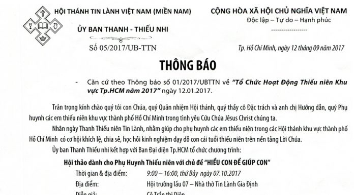 V/v Hội Thảo Dành Cho Phụ Huynh Thiếu Niên – Khu Vực TP.HCM