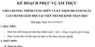 V/v Kế Hoạch Ẩm Thực – Lễ Cung Hiến Nhà Thờ VTKTH và Kỷ Niệm 500 Năm Ngày Cải Chánh Giáo Hội