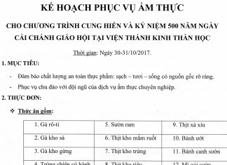 V/v Kế Hoạch Ẩm Thực – Lễ Cung Hiến Nhà Thờ VTKTH và Kỷ Niệm 500 Năm Ngày Cải Chánh Giáo Hội