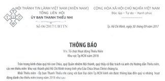 Thông báo V/v Tổ Chức Hoạt Động Thiếu Niên Khu Vực Tp. HCM Năm 2018