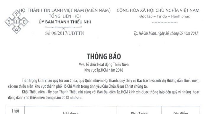 Thông báo V/v Tổ Chức Hoạt Động Thiếu Niên Khu Vực Tp. HCM Năm 2018