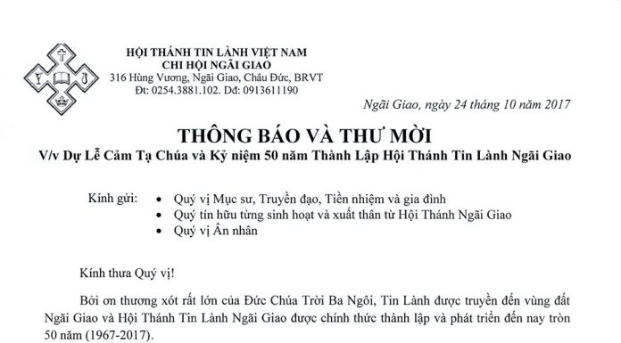 Thông Báo & Thư Mời Lễ Kỷ Niệm 50 Năm Thành Lập HTTL Ngãi Giao