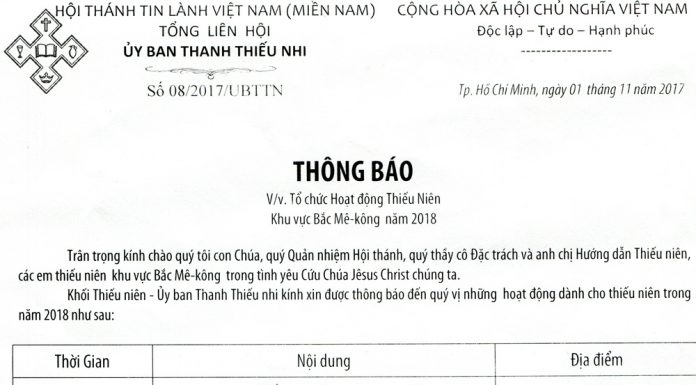 V/v Tổ Chức Hoạt Động Thiếu Niên Khu Vực Bắc Mê-kông Năm 2018