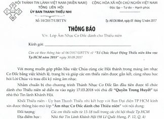Thông Báo V/v Lớp Âm Nhạc Cơ Đốc Dành Cho Thiếu Niên