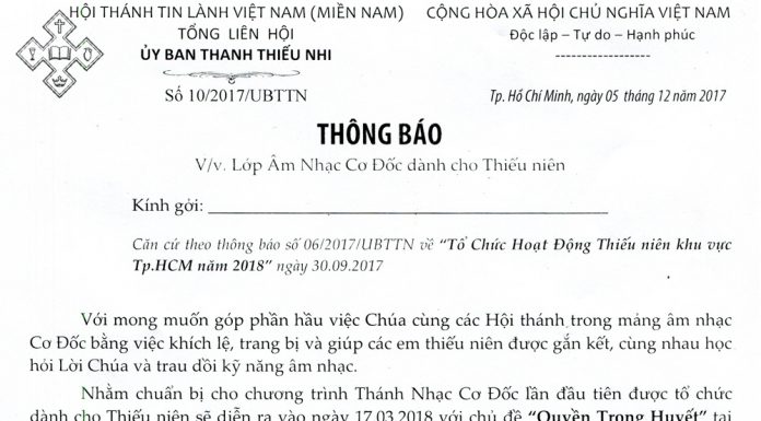 Thông Báo V/v Lớp Âm Nhạc Cơ Đốc Dành Cho Thiếu Niên
