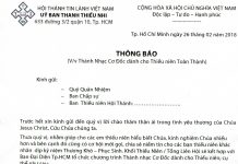 V/v Thánh Nhạc Cơ Đốc Dành Cho Thiếu Niên Toàn Thành