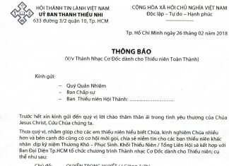 V/v Thánh Nhạc Cơ Đốc Dành Cho Thiếu Niên Toàn Thành