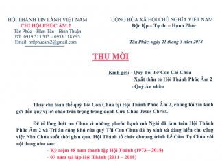 Thư Mời: Lễ Kỷ Niệm 45 Năm Thành Lập HT Phúc Âm 2