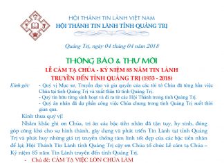 Lễ Cảm Tạ Chúa – Kỷ Niệm 85 Năm Tin Lành Truyền Đến Tỉnh Quảng Trị (1933-2018)