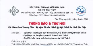Thông Báo & Thư Mời Dự Lễ Cảm Tạ 90 Năm Thành Lập HTTL Tiên Thủy