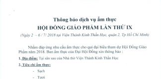 Thông Báo Dịch Vụ Ẩm Thực Đại Hội Đồng Giáo Phẩm Lần Thứ IX