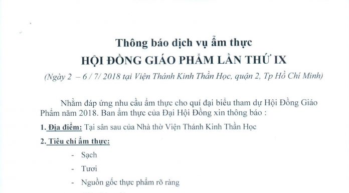 Thông Báo Dịch Vụ Ẩm Thực Đại Hội Đồng Giáo Phẩm Lần Thứ IX