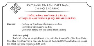 Thông Báo & Thư Mời Lễ Cảm Tạ Chúa – Kỷ Niệm 30 Năm Thành Lập HT EAĐRĂNG