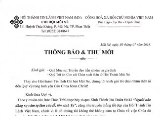 Thông Báo Và Thư Mời Lễ Cảm Tạ Kỷ Niệm 85 Năm Thành Lập HT Mũi Né