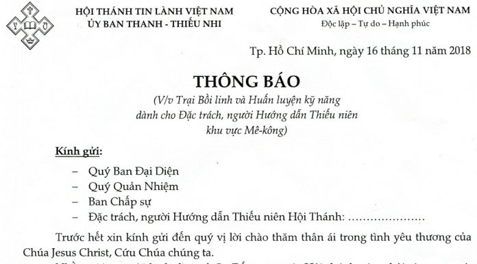 V/v Trại Bồi Linh và Huấn Luyện Kỹ Năng Dành Cho Đặc Trách, Người Hướng Dẫn Thiếu Niên Khu Vực Mê-kông