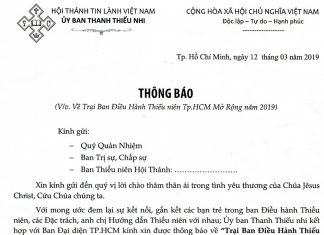 V/v Trại Ban Điều Hành Thiếu Niên Tp.HCM Mở Rộng Năm 2019