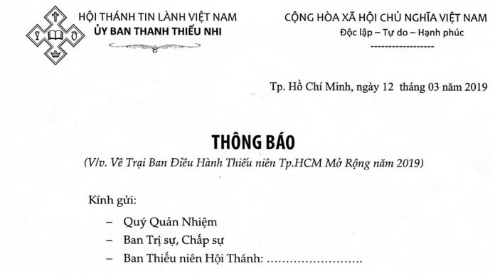 V/v Trại Ban Điều Hành Thiếu Niên Tp.HCM Mở Rộng Năm 2019