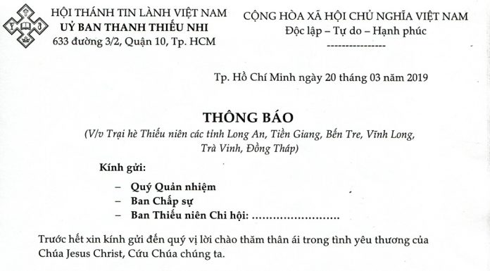 V/v Trại Hè Thiếu Niên Các Tỉnh Long An, Tiền Giang, Bến Tre, Vĩnh Long, Trà Vinh, Đồng Tháp