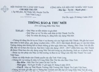 Thông Báo & Thư Mời V/v Lễ Cung Hiến Nhà Thờ Tin Lành Chi Hội TRÀ ÔN