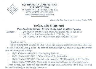 Thông Báo&Thư Mời: Kỷ niệm 90 năm thành lập HTTL Tuy Hòa