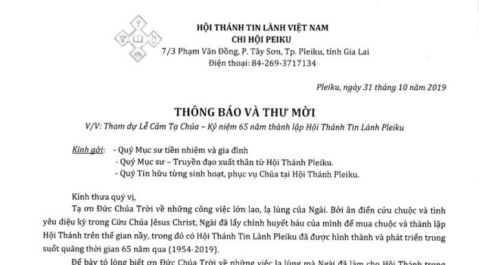 Thông Báo&Thư Mời: Lễ Cảm Tạ Chúa – Kỷ Niệm 65 Năm Thành Lập HTTL Pleiku