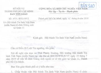 Giấy Phép BTG V/v Tổ Chức Chương Trình Thánh Nhạc Giáng Sinh Năm 2019 Của Ban Đại Diện Tp.HCM
