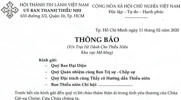 V/v Trại Hè Dành Cho Thiếu Niên Khu Vực Mê-kông