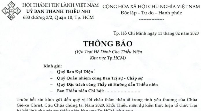 V/v Trại Hè Dành Cho Thiếu Niên Khu Vực Tp.HCM