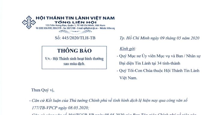Thông Báo: Hội Thánh Sinh Hoạt Bình Thường Sau Mùa Dịch