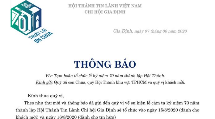 Thông Báo Tạm Hoãn Chương Trình Kỷ Niệm 70 Năm Thành Lập HTTL Gia Định