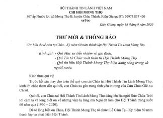Thư Mời Lễ Kỷ Niệm 60 Thành Lập HTTL Mong Thọ, Kiên Giang