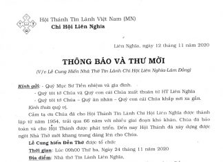 Thông Báo Và Thư Mời: Lễ Cung Hiến Nhà Thờ Tin Lành Liên Nghĩa, Lâm Đồng