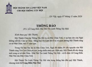 Thông Báo Lễ Cung Hiến Nhà Thờ Tin Lành Thông Tây Hội
