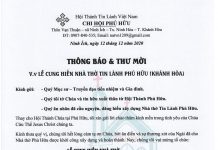 Thông Báo Và Thư Mời: Lễ Cung Hiến Nhà Thờ Tin Lành Phú Hữu (Khánh Hòa)