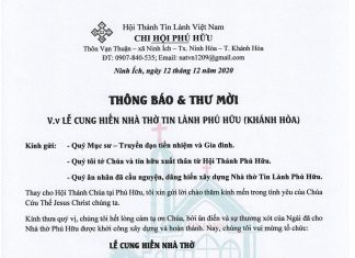 Thông Báo Và Thư Mời: Lễ Cung Hiến Nhà Thờ Tin Lành Phú Hữu (Khánh Hòa)
