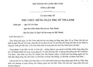 Ủy ban Phụ nữ: Thư Chúc Mừng Ngày Phụ Nữ Tin Lành