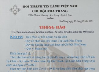 Chi Hội Nha Trang: Thông Báo Tạm Hoãn Tổ Chức Lễ Kỷ Niệm 95 Năm Thành Lập Hội Thánh