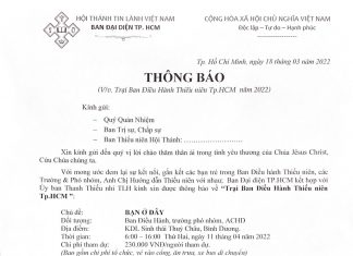 Thông Báo V/v Trại Ban Điều Hành Thiếu Niên Tp.HCM Năm 2022