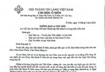 HTTL Chi Hội Ô Môn – Thông Báo V/v Lễ Cảm Tạ Chúa 100 Năm Thành Lập Hội Thánh & Cung Hiến Đền Thờ