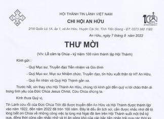 HTTL An Hữu: Thư Ngỏ & Thư Mời V/v Lễ Cảm Tạ Chúa – Kỷ Niệm 100 Năm Thành Lập Hội Thánh