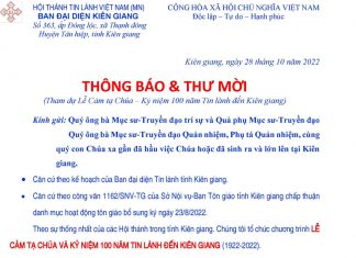 Thông Báo và Thư Mời: Lễ Cảm Tạ Chúa – Kỷ Niệm 100 Năm Tin Lành Đến Kiên Giang