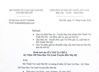 HTTL NHỊ MỸ – Thư Mời & Thông Báo Lễ Cảm Tạ Chúa Kỷ Niệm 100 Năm Tin Lành Truyền Đến Nhị Mỹ
