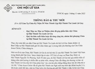 Thông Báo & Thư Mời V/v Lễ Cảm Tạ Chúa Kỷ Niệm 50 Năm Thành Lập HTTL Lữ Gia