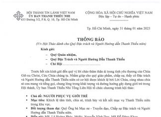 Thông Báo: Hội Thảo Dành Cho Đặc Trách và Người Hướng Dẫn Thanh Thiếu Niên Tại HTTL Sông Dinh, Bình Thuận