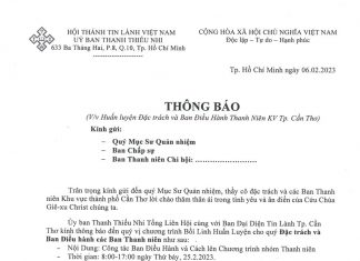 Thông Báo: Huấn Luyện Đặc Trách và Ban Điều Hành Thanh Niên KV. Cần Thơ