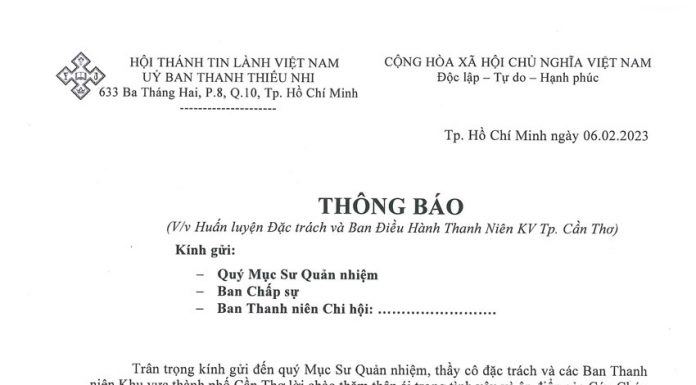 Thông Báo: Huấn Luyện Đặc Trách và Ban Điều Hành Thanh Niên KV. Cần Thơ